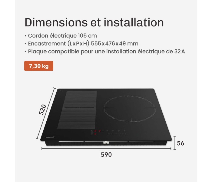 Plaque Induction Encastrable 3 Zones Flex 6500W BELDEKO, Verre Noir Mat Antirayure, 3 Boosters — dimensions et encastrement