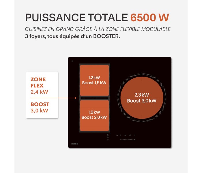 Plaque Induction Encastrable 3 Zones Flex 6500W - Verre Noir Brillant - 3 Boosters - Slider Tactile - Pause