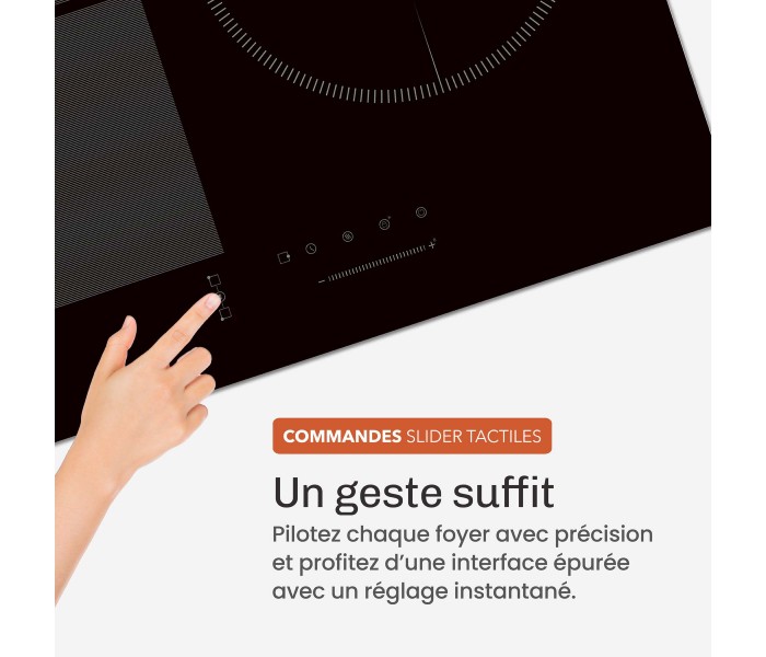 Plaque Induction Encastrable 3 Zones Flex 6500W BELDEKO, Verre Noir Brillant, 3 Boosters — gros plan détaillé