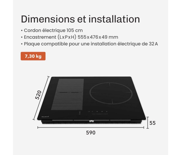 Plaque Induction Encastrable 3 Zones Flex 6500W BELDEKO, Verre Noir Brillant, 3 Boosters — dimensions et encastrement