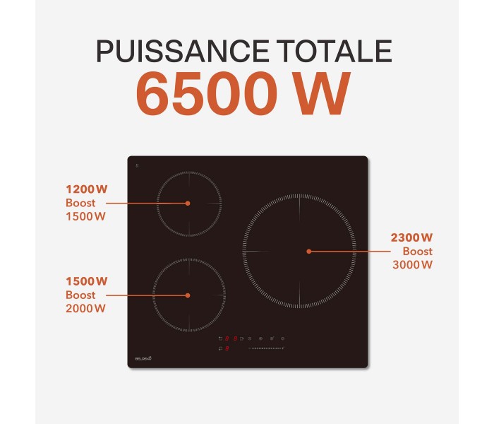 Plaque Induction Encastrable 3 Zones Foyer XL 280mm 6500W BELDEKO, Verre Noir Brillant — dimensions et encastrement