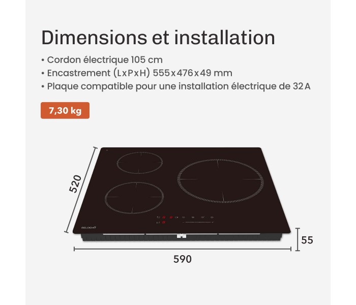 Plaque Induction Encastrable 3 Zones Foyer XL 280mm 6500W - Verre Noir Brillant - 3 Boosters - Slider - Pause