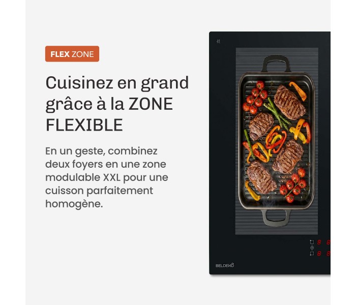 Plaque Induction Encastrable 4 Zones Flex 7200W BELDEKO, Verre Noir Mat Antirayure, 4 Boosters — gros plan détaillé
