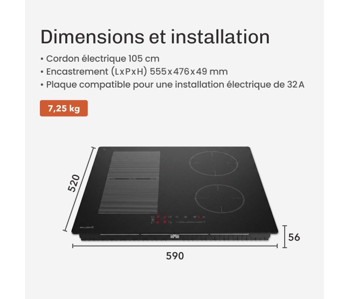 Plaque Induction Encastrable 4 Zones Flex 7200W BELDEKO, Verre Noir Mat Antirayure, 4 Boosters — dimensions et encastrement