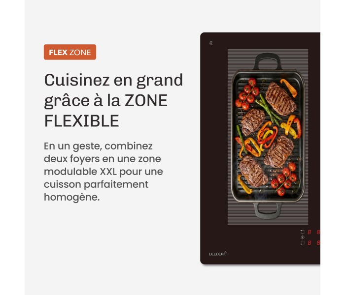 Plaque Induction Encastrable 4 Zones Flex 7200W BELDEKO, Verre Noir Brillant, 4 Boosters — en situation dans une cuisine