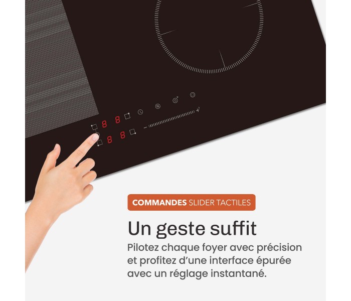 Plaque Induction Encastrable 4 Zones Flex 7200W BELDEKO, Verre Noir Brillant, 4 Boosters — gros plan détaillé