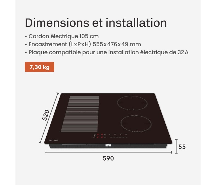 Plaque Induction Encastrable 4 Zones Flex 7200W - Verre Noir Brillant - 4 Boosters - Slider - Pause