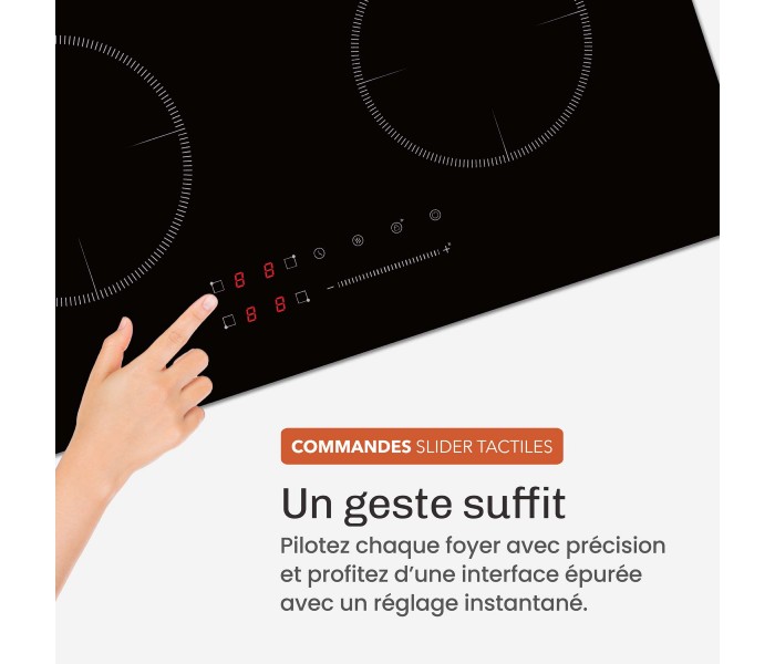 Plaque Induction Encastrable 4 Zones 7200W BELDEKO, Verre Noir Brillant, 4 Boosters — gros plan détaillé