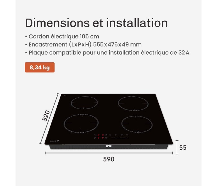 Plaque Induction Encastrable 4 Zones 7200W - Verre Noir Brillant - 4 Boosters - Slider Tactile - Pause
