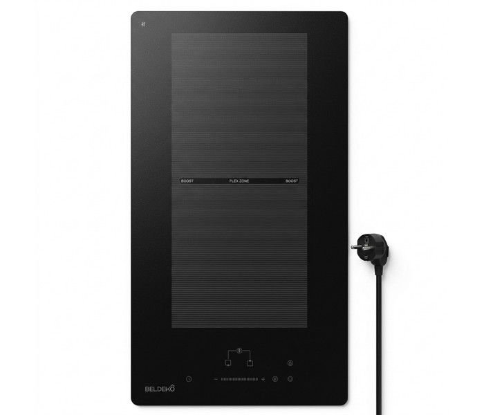 Plaque Induction Encastrable 2 Zones Flex Bridge 3500W BELDEKO, Verre Noir Mat Antirayure, Booster, Prise