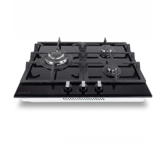 BELDEKO - Plaque de cuisson Gaz verre noir 3 foyers - Gaz ville et bouteille - grilles en fonte - 6200 Watts