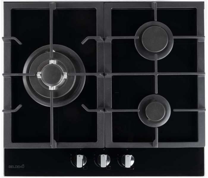 BELDEKO - Plaque de cuisson Gaz verre noir 3 foyers - Gaz ville et bouteille - grilles en fonte - 6200 Watts