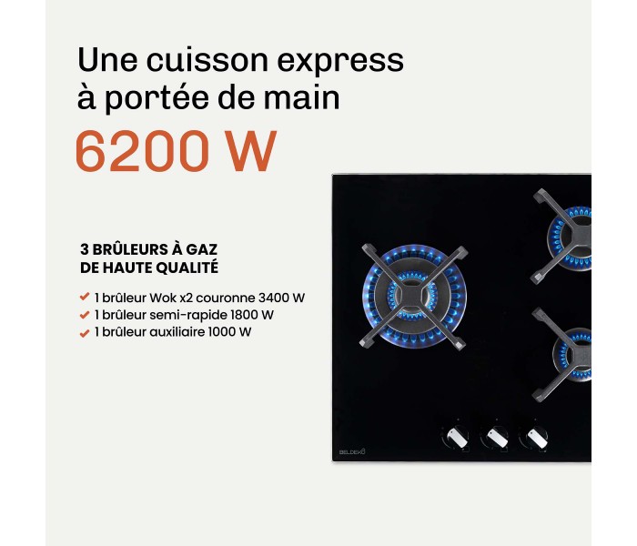 BELDEKO - Plaque de cuisson Gaz verre noir 3 foyers - Gaz ville et bouteille - grilles en fonte - 6200 Watts