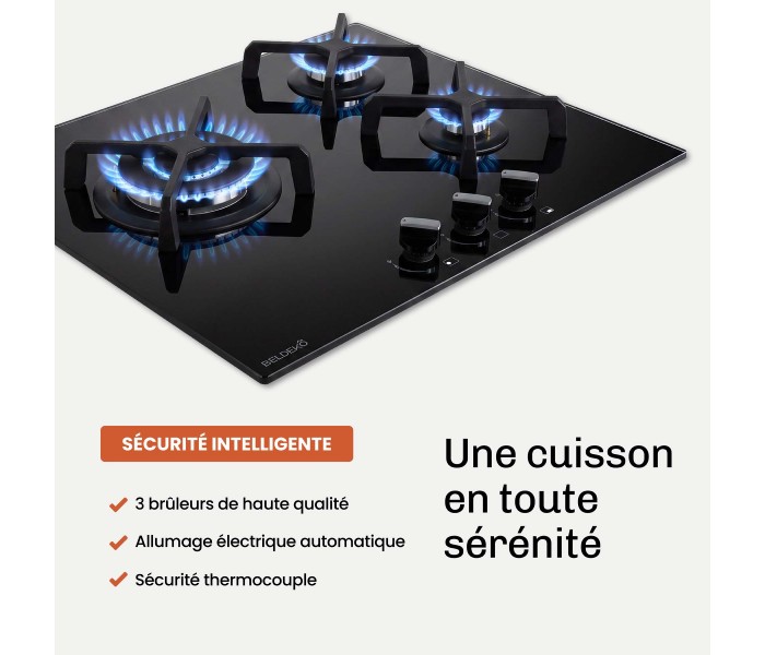 BELDEKO - Plaque de cuisson Gaz verre noir 3 foyers - Gaz ville et bouteille - grilles en fonte - 6200 Watts
