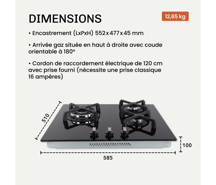 BELDEKO - Plaque de cuisson Gaz verre noir 3 foyers - Gaz ville et bouteille - grilles en fonte - 6200 Watts