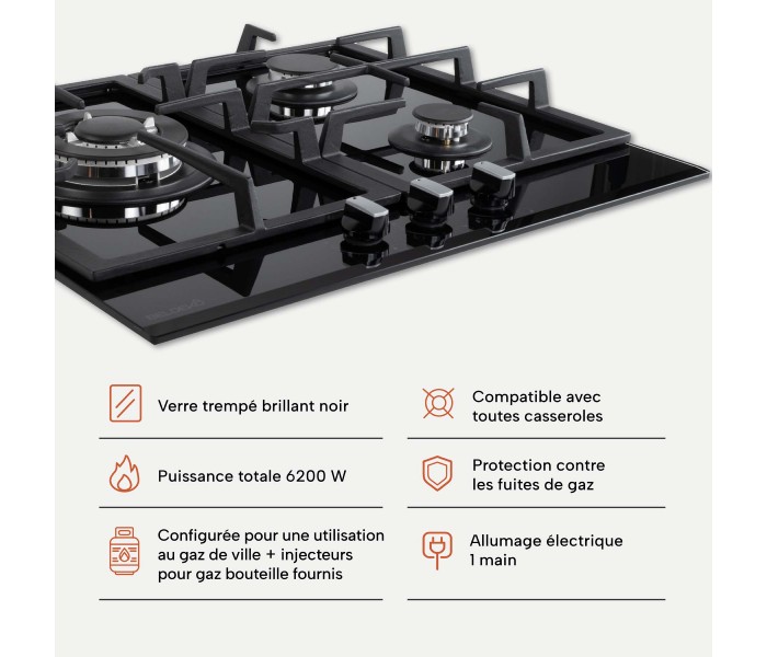 BELDEKO - Plaque de cuisson Gaz verre noir 3 foyers - Gaz ville et bouteille - grilles en fonte - 6200 Watts
