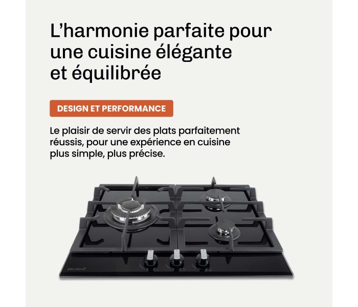 BELDEKO - Plaque de cuisson Gaz verre noir 3 foyers - Gaz ville et bouteille - grilles en fonte - 6200 Watts