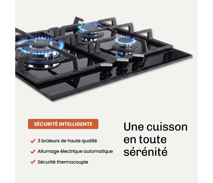 BELDEKO - Plaque de cuisson Gaz verre noir 3 foyers - Gaz ville et bouteille - grilles en fonte - 6200 Watts