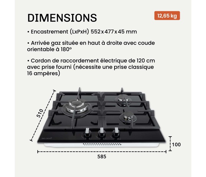 BELDEKO - Plaque de cuisson Gaz verre noir 3 foyers - Gaz ville et bouteille - grilles en fonte - 6200 Watts