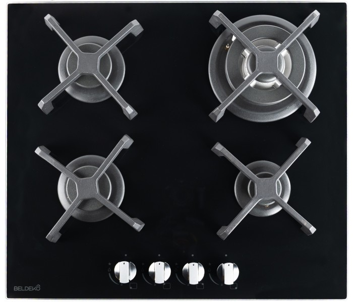 BELDEKO - Plaque de cuisson Gaz verre noir 4 foyers - Gaz ville et bouteille - grilles en fonte - 8000 Watts