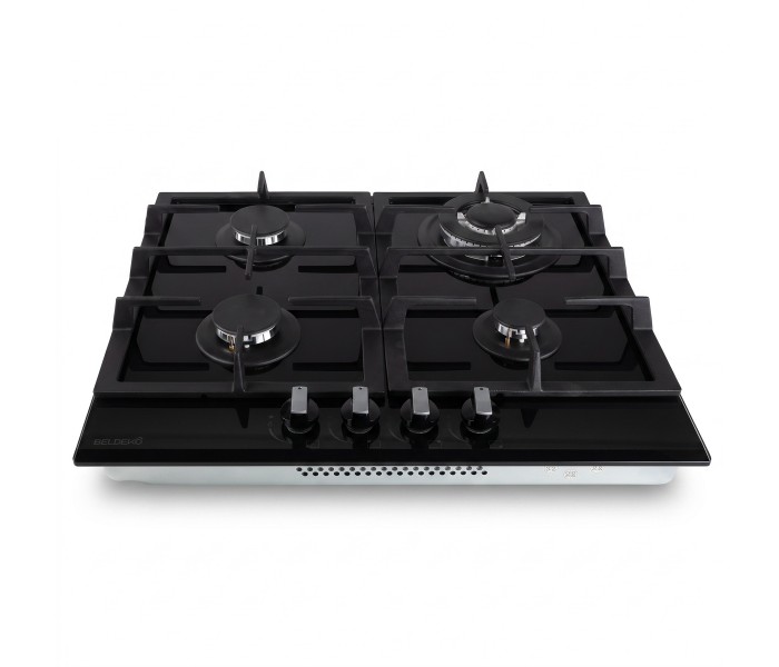 BELDEKO - Plaque de cuisson Gaz verre noir 4 foyers - Gaz ville et bouteille - grilles en fonte - 8000 Watts