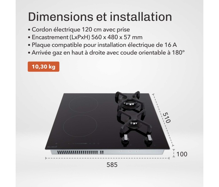 Plaque de cuisson mixte gaz et induction 4 foyers – 2 gaz et 2 induction avec booster - 6900 Watts – Grilles fontes