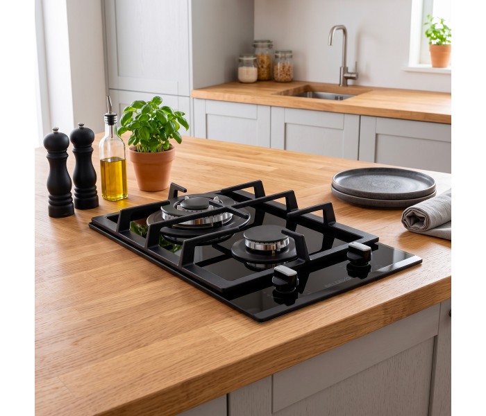 PLAQUE DE CUISSON GAZ 2 FOYERS DOUBLE COURONNE - VERRE NOIR ET FONTE - 5200 WATTS - BELDEKO