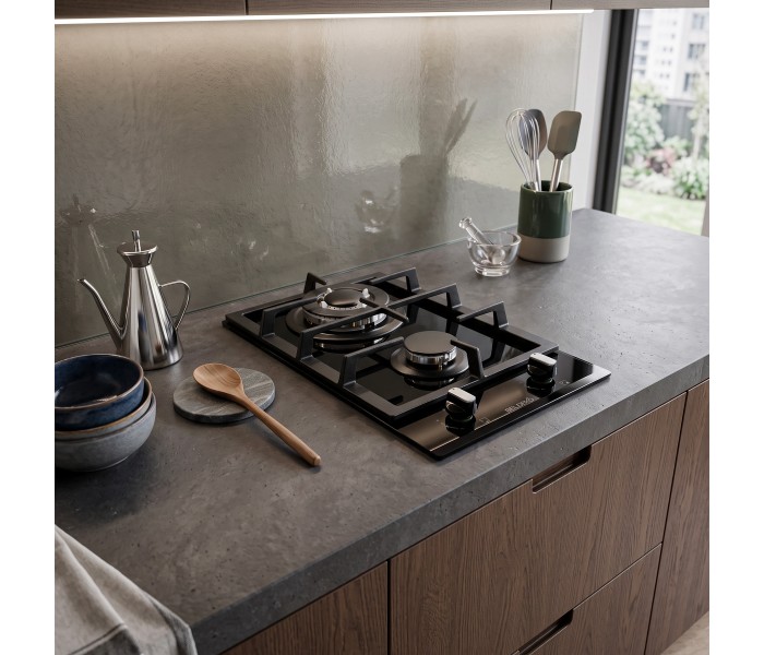 PLAQUE DE CUISSON GAZ 2 FOYERS DOUBLE COURONNE - VERRE NOIR ET FONTE - 5200 WATTS - BELDEKO