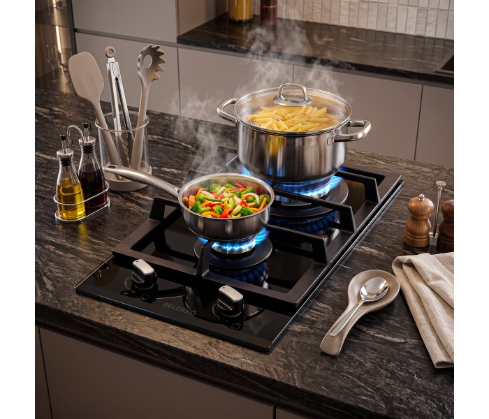 PLAQUE DE CUISSON GAZ 2 FOYERS DOUBLE COURONNE - VERRE NOIR ET FONTE - 5200 WATTS - BELDEKO
