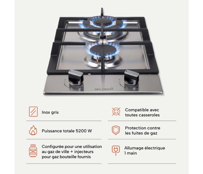 PLAQUE DE CUISSON GAZ DOMINO - INOX & FONTE - 5200 Watts BELDEKO