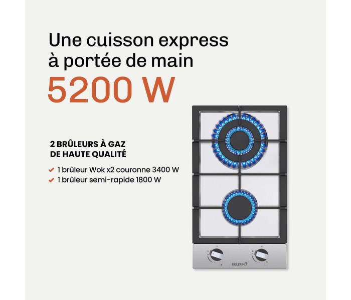 PLAQUE DE CUISSON GAZ DOMINO - INOX & FONTE - 5200 Watts BELDEKO