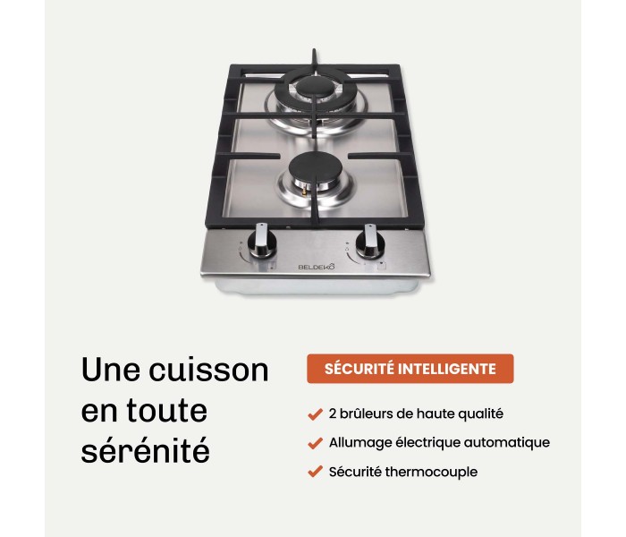 PLAQUE DE CUISSON GAZ DOMINO - INOX & FONTE - 5200 Watts BELDEKO