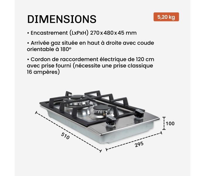 PLAQUE DE CUISSON GAZ DOMINO - INOX & FONTE - 5200 Watts BELDEKO
