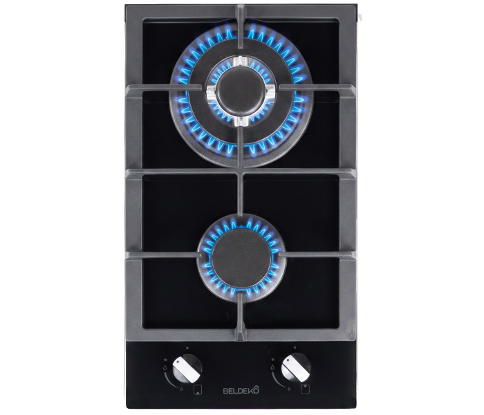 PLAQUE DE CUISSON GAZ 2 FOYERS DOUBLE COURONNE - VERRE NOIR ET FONTE - 5200 WATTS - BELDEKO