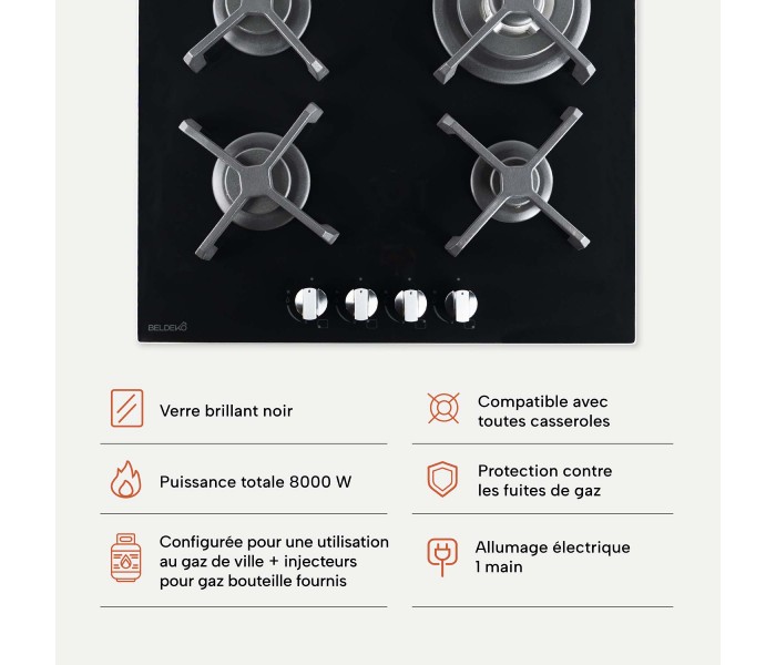 BELDEKO - Plaque de cuisson Gaz verre noir 4 foyers - Gaz ville et bouteille - grilles en fonte - 8000 Watts