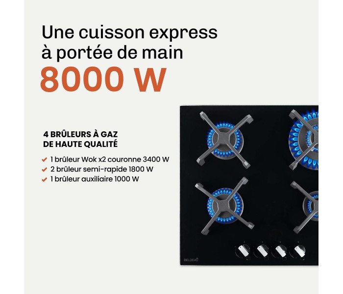 BELDEKO - Plaque de cuisson Gaz verre noir 4 foyers - Gaz ville et bouteille - grilles en fonte - 8000 Watts