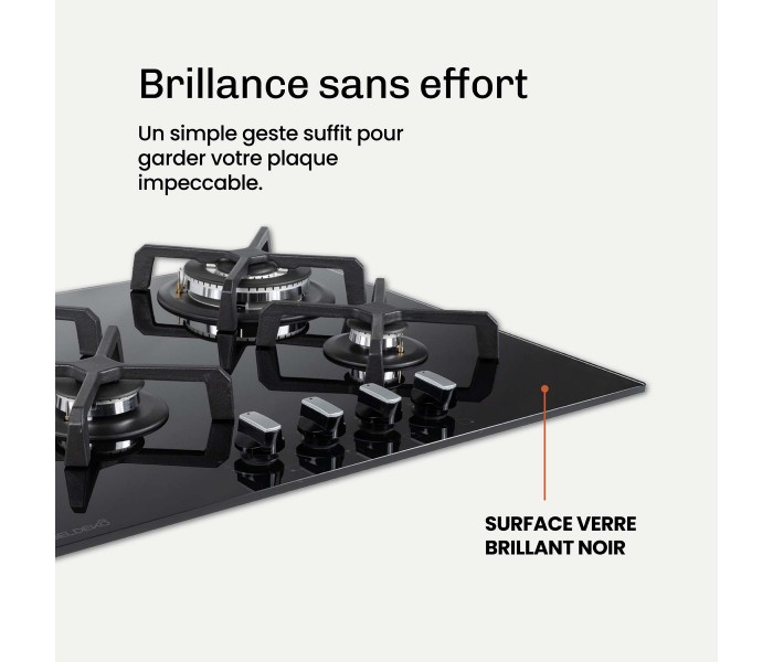 BELDEKO - Plaque de cuisson Gaz verre noir 4 foyers - Gaz ville et bouteille - grilles en fonte - 8000 Watts