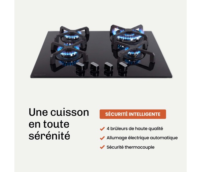 BELDEKO - Plaque de cuisson Gaz verre noir 4 foyers - Gaz ville et bouteille - grilles en fonte - 8000 Watts