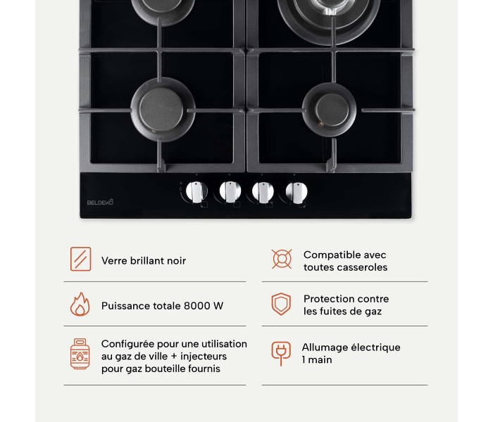 BELDEKO - Plaque de cuisson Gaz verre noir 4 foyers - Gaz ville et bouteille - grilles en fonte - 8000 Watts