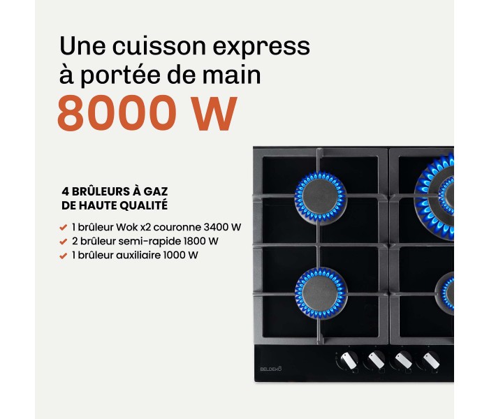 BELDEKO - Plaque de cuisson Gaz verre noir 4 foyers - Gaz ville et bouteille - grilles en fonte - 8000 Watts