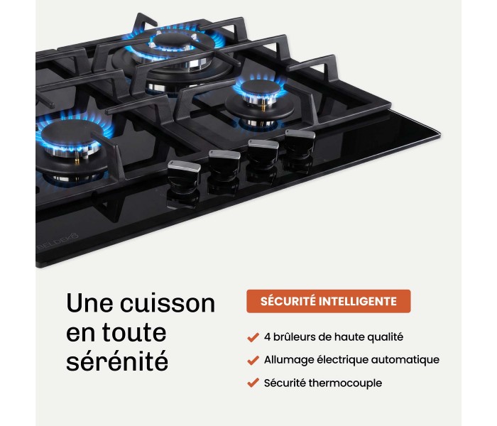 BELDEKO - Plaque de cuisson Gaz verre noir 4 foyers - Gaz ville et bouteille - grilles en fonte - 8000 Watts
