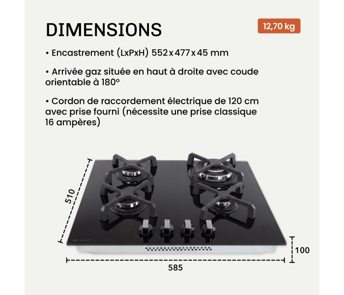 BELDEKO - Plaque de cuisson Gaz verre noir 4 foyers - Gaz ville et bouteille - grilles en fonte - 8000 Watts