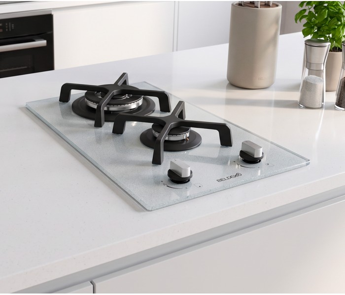 Plaque de cuisson gaz 2 foyers double couronne BELDEKO, Verre BLANC et fonte, 5200 watts