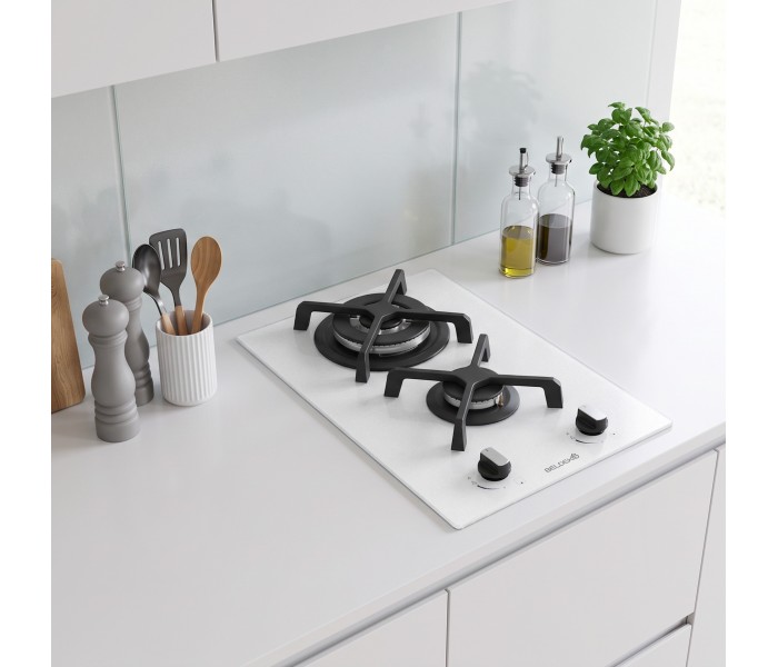 Plaque de cuisson gaz 2 foyers double couronne BELDEKO, Verre BLANC et fonte, 5200 watts