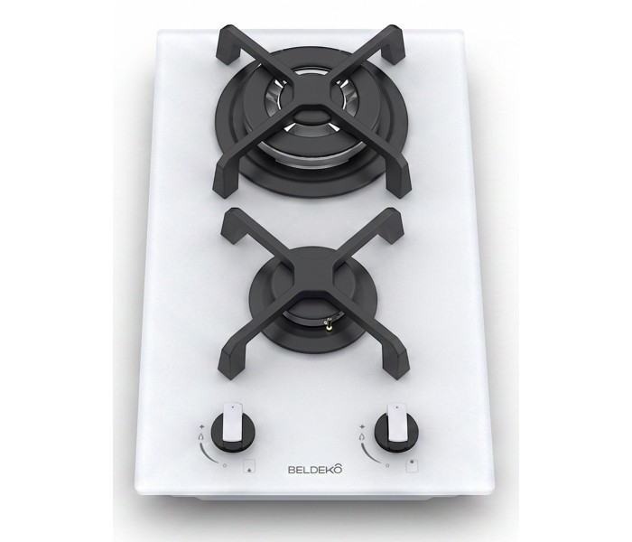 Plaque de cuisson gaz 2 foyers double couronne BELDEKO, Verre BLANC et fonte, 5200 watts