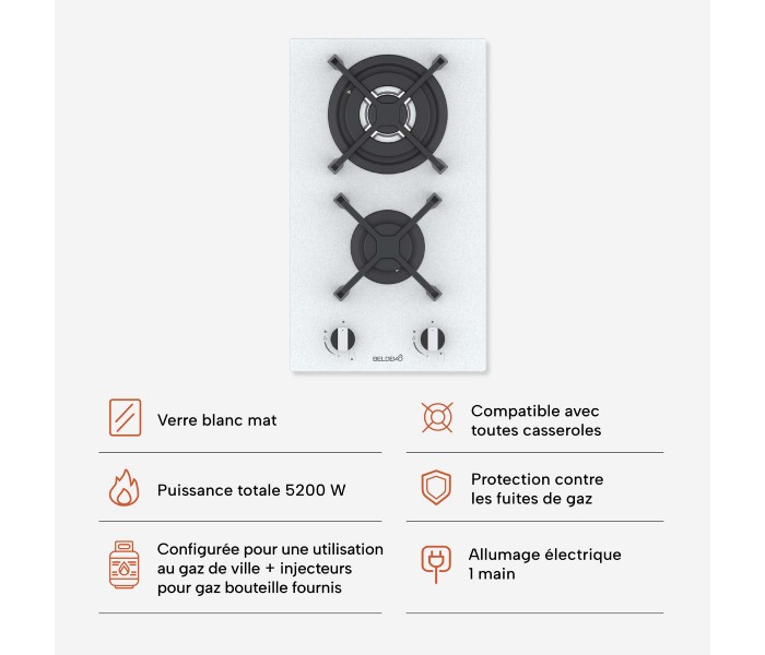 Plaque de cuisson gaz 2 foyers double couronne BELDEKO, Verre BLANC et fonte, 5200 watts