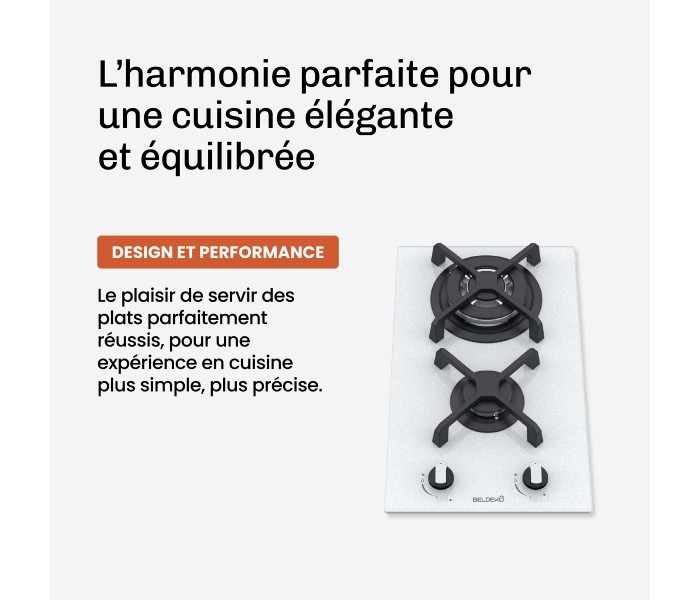 Plaque de cuisson gaz 2 foyers double couronne BELDEKO, Verre BLANC et fonte, 5200 watts