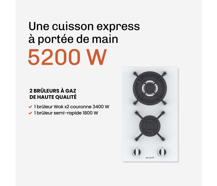 Plaque de cuisson gaz 2 foyers double couronne BELDEKO, Verre BLANC et fonte, 5200 watts