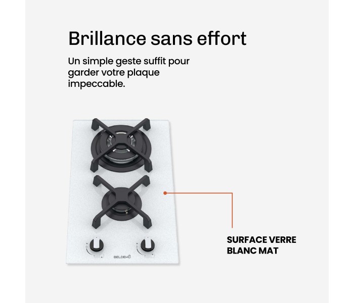 Plaque de cuisson gaz 2 foyers double couronne BELDEKO, Verre BLANC et fonte, 5200 watts