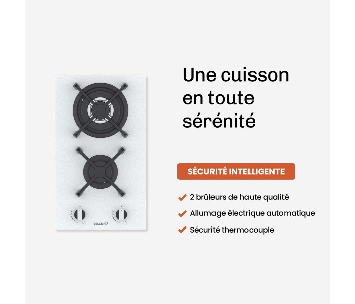 Plaque de cuisson gaz 2 foyers double couronne BELDEKO, Verre BLANC et fonte, 5200 watts
